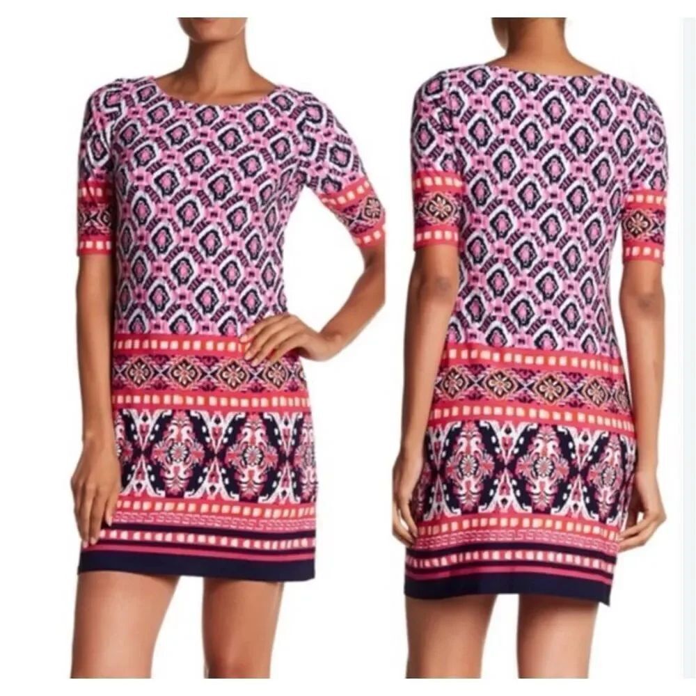 Eliza J Geometric Jersey Shift Dress 3/4 Sleeves Pink Women’s 4 EUC